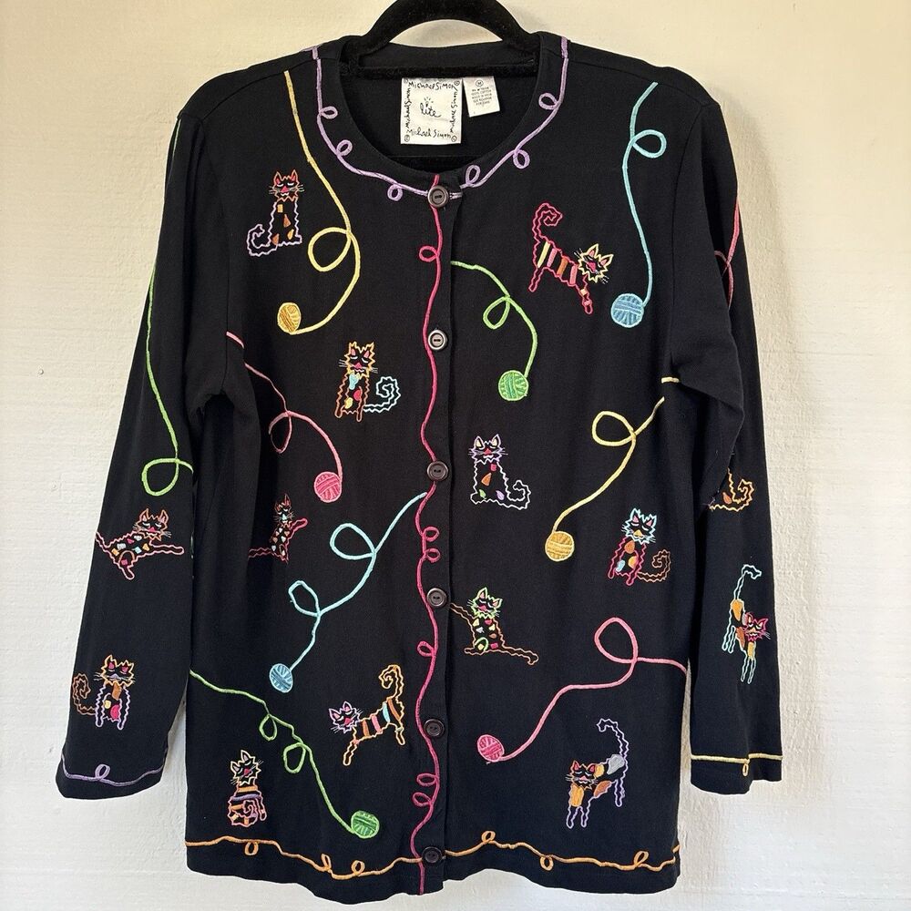 Vintage Michael Simon Lite Novelty Cat Knit Cardigan Sweater M Embroidery Black